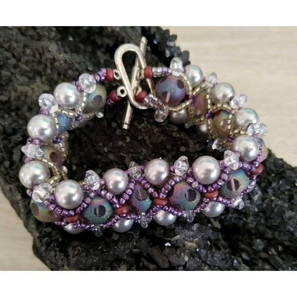 Set of Multi Color Glass Beads Faux Gray Pearl Bracelet Clip On Dangle Earrings - Picture 2 of 5